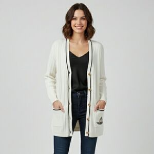 Bogner Classic Cream Knit Cardigan - Tennis Or Apres Ski Cozy Ribbed Prep Emblem
